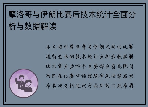 摩洛哥与伊朗比赛后技术统计全面分析与数据解读